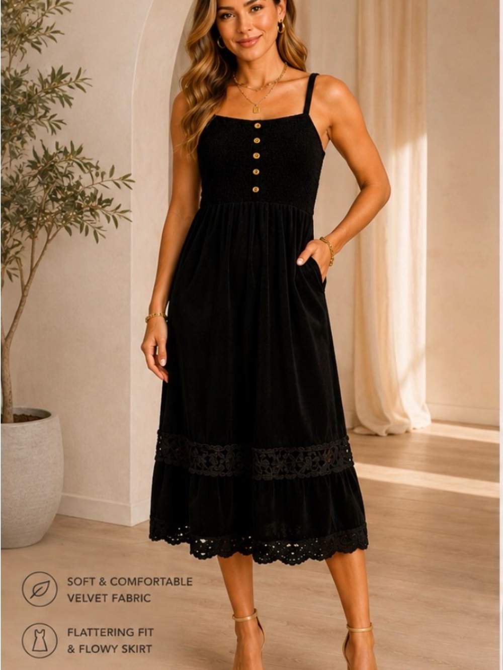 Juicy Couture Black Velvet Midi Dress with Lace Hem